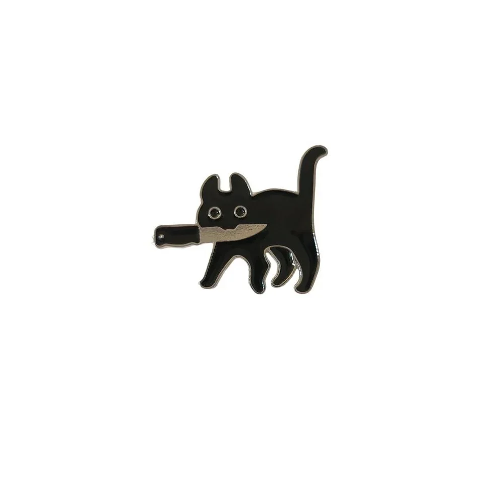 Funny Black Cat With Knife Pin Kitten Brooch - Picture 1 of 3